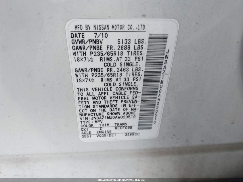 2010 Nissan Murano S VIN: JN8AZ1MU0AW020510 Lot: 43336266