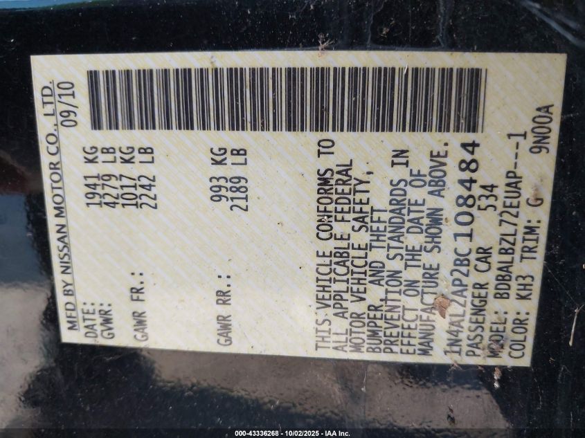 2011 Nissan Altima 2.5 S VIN: 1N4AL2AP2BC108484 Lot: 43336268