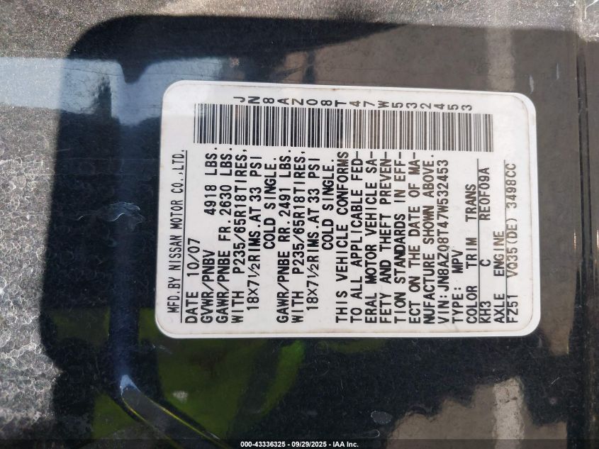 2007 Nissan Murano Sl VIN: JN8AZ08T47W532453 Lot: 43336325