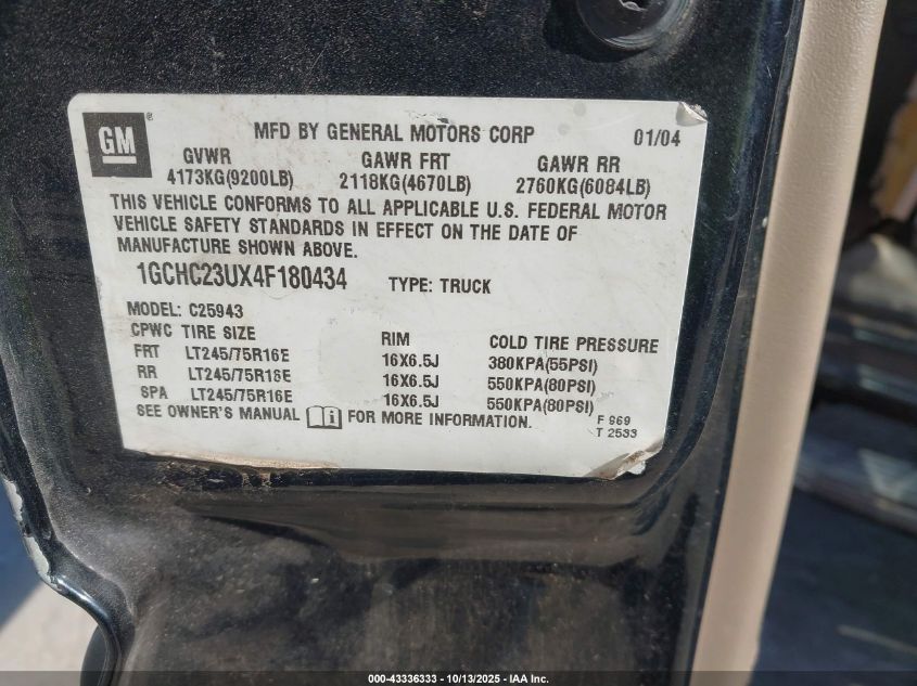 2004 Chevrolet Silverado 2500Hd Lt VIN: 1GCHC23UX4F180434 Lot: 43336333