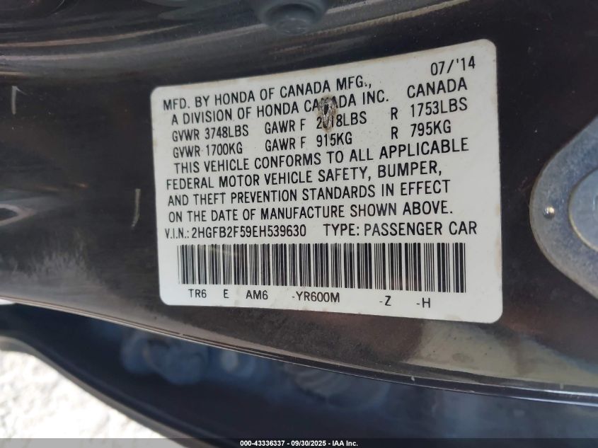 2014 Honda Civic Lx VIN: 2HGFB2F59EH539630 Lot: 43336337