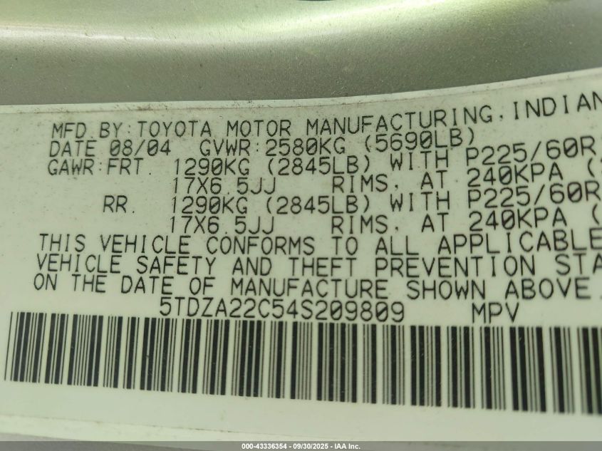 2004 Toyota Sienna Xle VIN: 5TDZA22C54S209809 Lot: 43336354