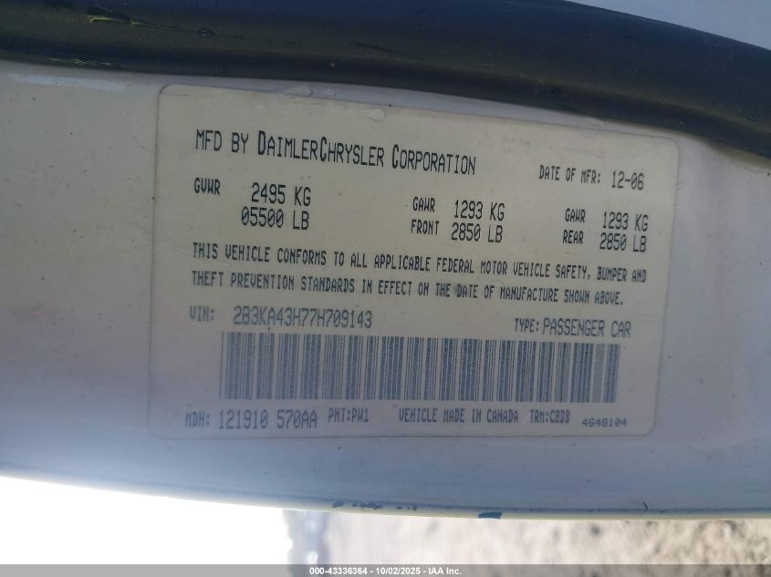 2007 Dodge Charger VIN: 2B3KA43H77H709143 Lot: 43336364