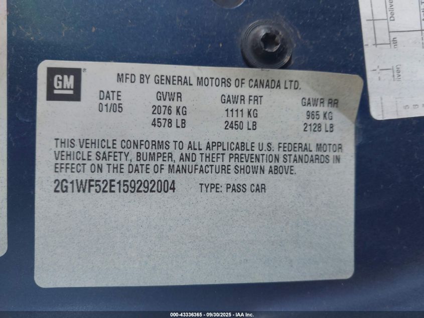2005 Chevrolet Impala VIN: 2G1WF52E159292004 Lot: 43336365
