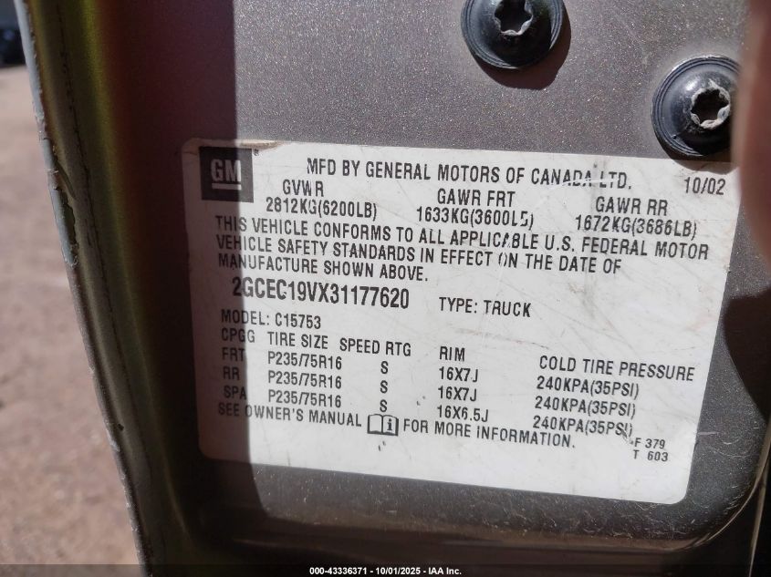 2003 Chevrolet Silverado 1500 Ls VIN: 2GCEC19VX31177620 Lot: 43336371