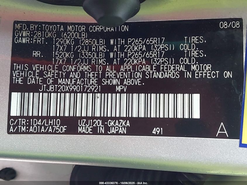 2009 Lexus Gx 470 VIN: JTJBT20X990172921 Lot: 43336376