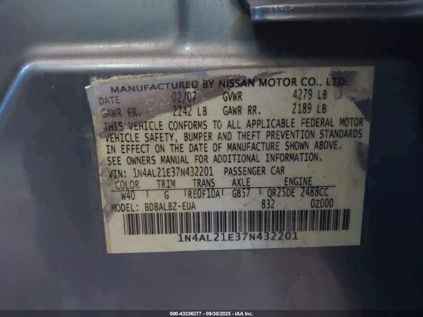 2007 Nissan Altima 2.5 S VIN: 1N4AL21E37N432201 Lot: 43336377