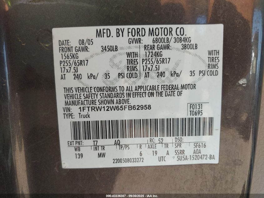 2005 Ford F-150 Xlt VIN: 1FTRW12W65FB62958 Lot: 43336387