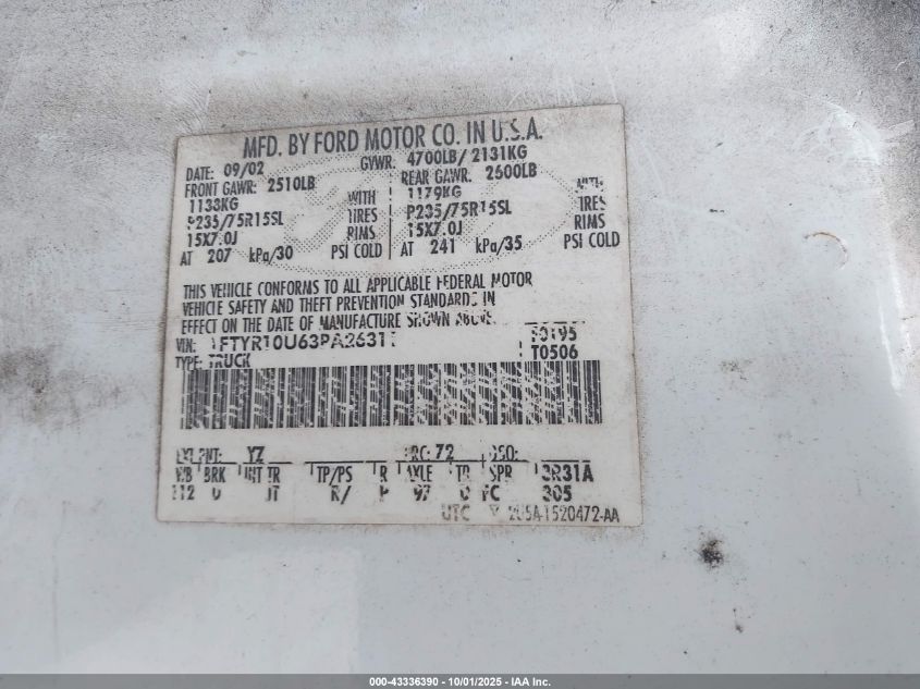 2003 Ford Ranger Edge/Xl/Xlt VIN: 1FTYR10U63PA26311 Lot: 43336390