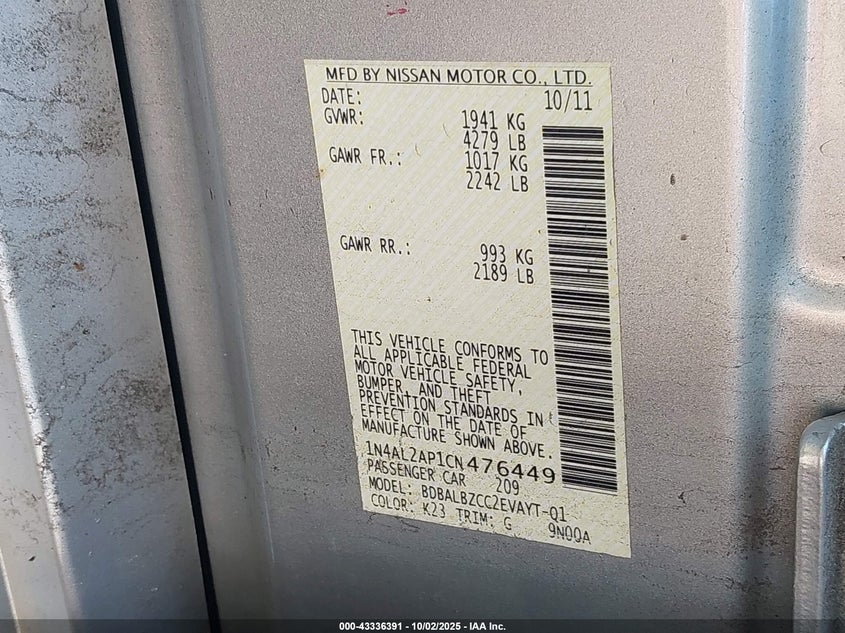 2012 Nissan Altima 2.5 S VIN: 1N4AL2AP1CN476449 Lot: 43336391