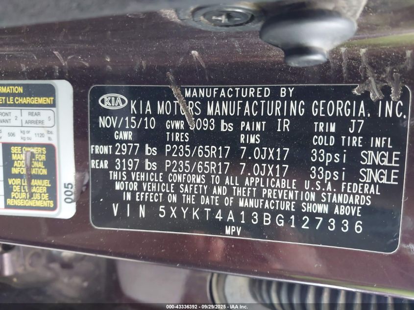 2011 Kia Sorento Lx VIN: 5XYKT4A13BG127336 Lot: 43336392
