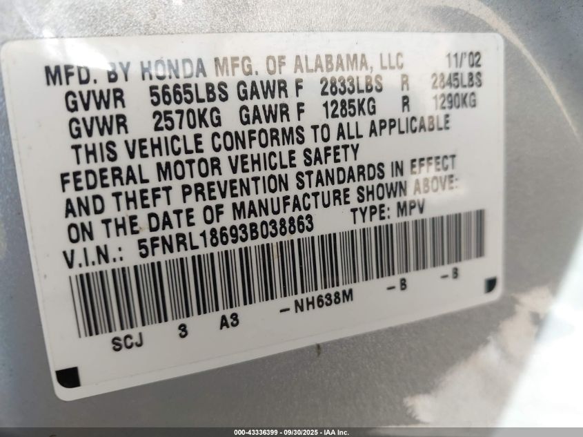 2003 Honda Odyssey Ex VIN: 5FNRL18693B038863 Lot: 43336399