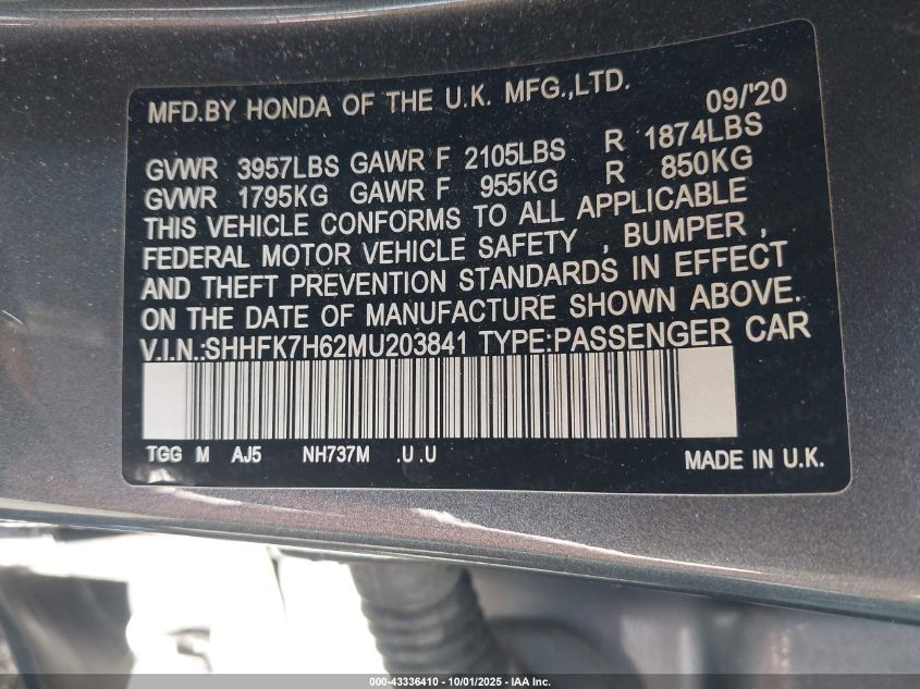 2021 Honda Civic Ex VIN: SHHFK7H62MU203841 Lot: 43336410