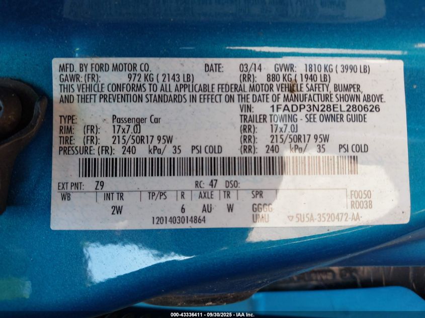 2014 Ford Focus Titanium VIN: 1FADP3N28EL280626 Lot: 43336411