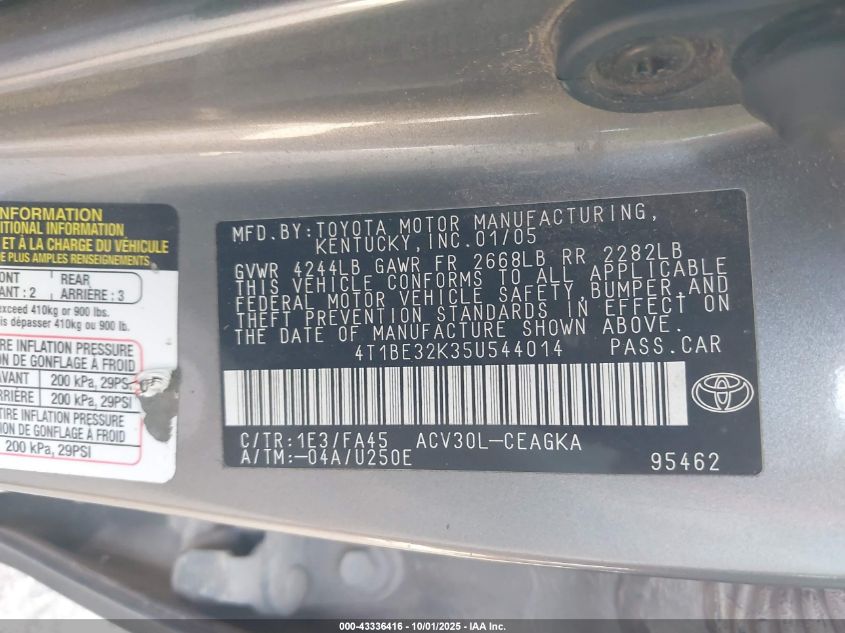 2005 Toyota Camry Xle VIN: 4T1BE32K35U544014 Lot: 43336416