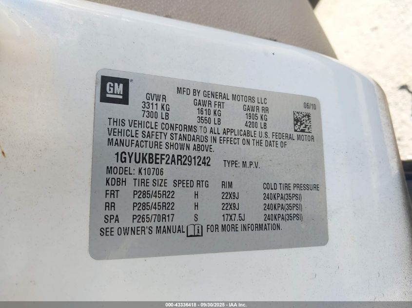 2010 Cadillac Escalade Luxury VIN: 1GYUKBEF2AR291242 Lot: 43336418