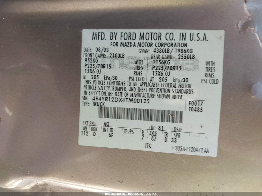 2004 Mazda B2300 VIN: 4F4YR12DX4TM00125 Lot: 43336426