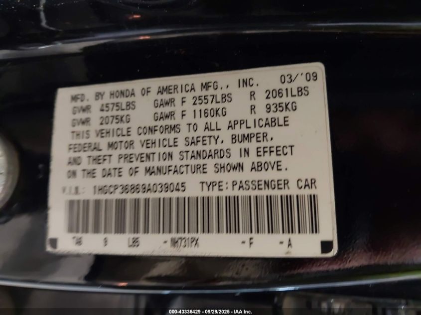 2009 Honda Accord 3.5 Ex-L VIN: 1HGCP36869A039045 Lot: 43336429