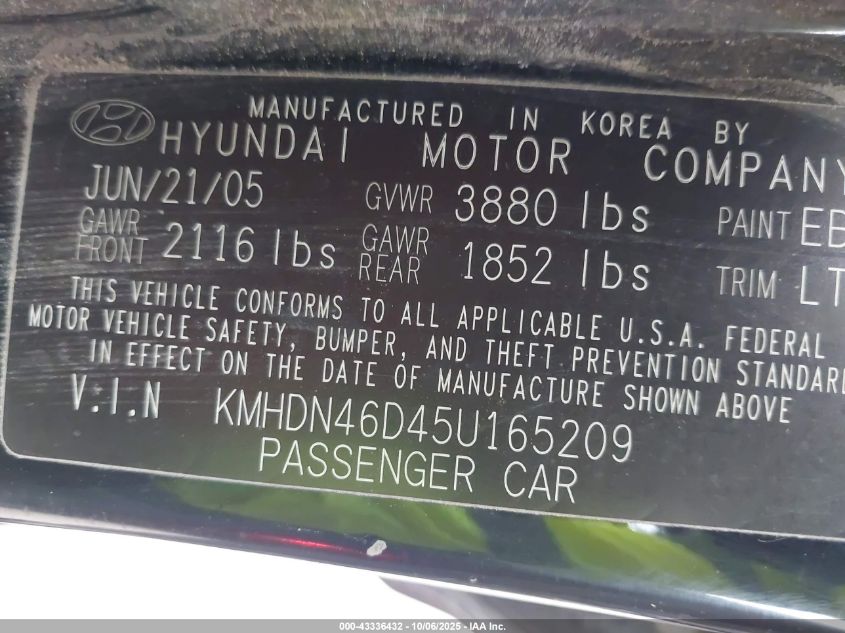 2005 Hyundai Elantra Gls/Gt VIN: KMHDN46D45U165209 Lot: 43336432