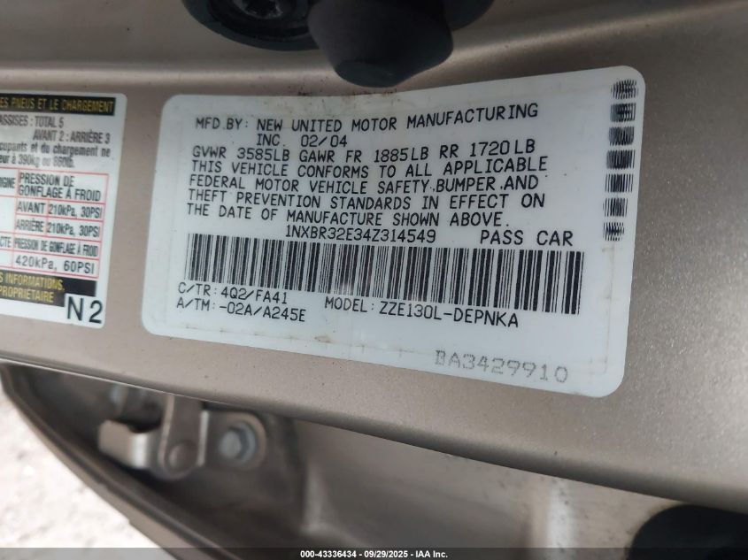 2004 Toyota Corolla Le VIN: 1NXBR32E34Z314549 Lot: 43336434