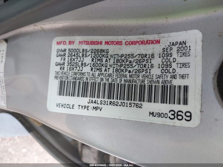 2002 Mitsubishi Montero Sport Xls VIN: JA4LS31R62J015762 Lot: 43336453