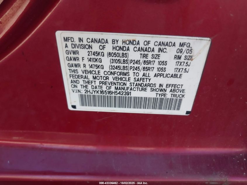 2006 Honda Ridgeline Rtl VIN: 2HJYK16516H542391 Lot: 43336462