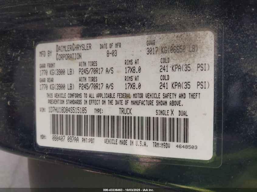 2004 Dodge Ram 1500 Slt/Laramie VIN: 1D7HU18D84S515185 Lot: 43336463