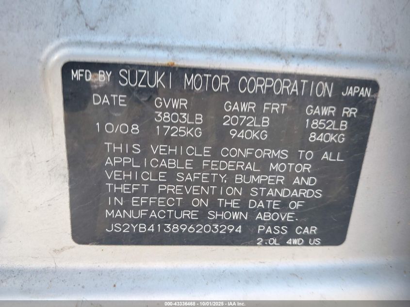 2009 Suzuki Sx4 Technology VIN: JS2YB413896203294 Lot: 43336468