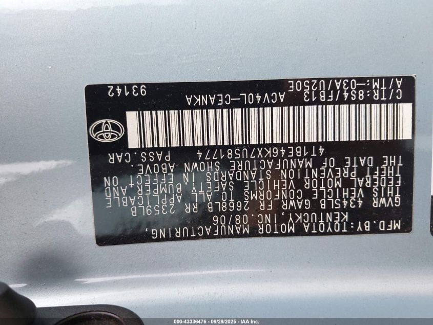 2007 Toyota Camry Le VIN: 4T1BE46KX7U581774 Lot: 43336476