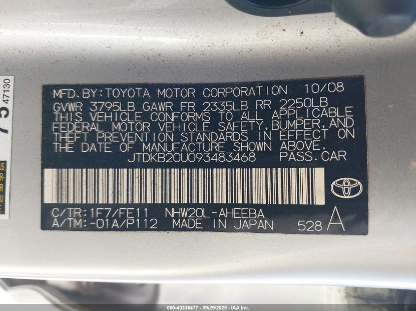 2009 Toyota Prius VIN: JTDKB20U093483468 Lot: 43336477