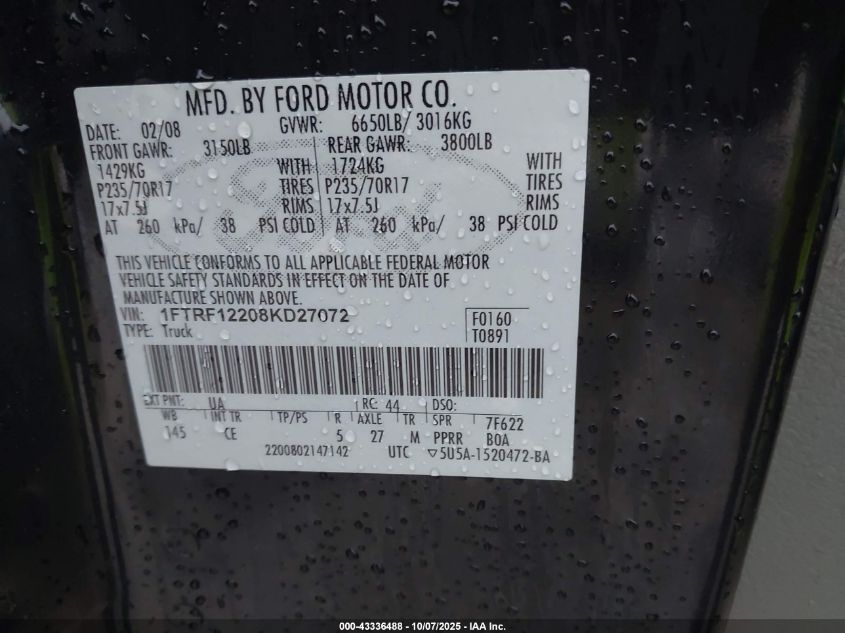 2008 Ford F-150 Stx/Xl/Xlt VIN: 1FTRF12208KD27072 Lot: 43336488