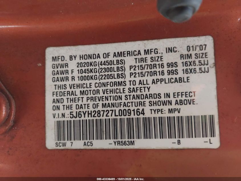 2007 Honda Element Ex VIN: 5J6YH28727L009164 Lot: 43336489