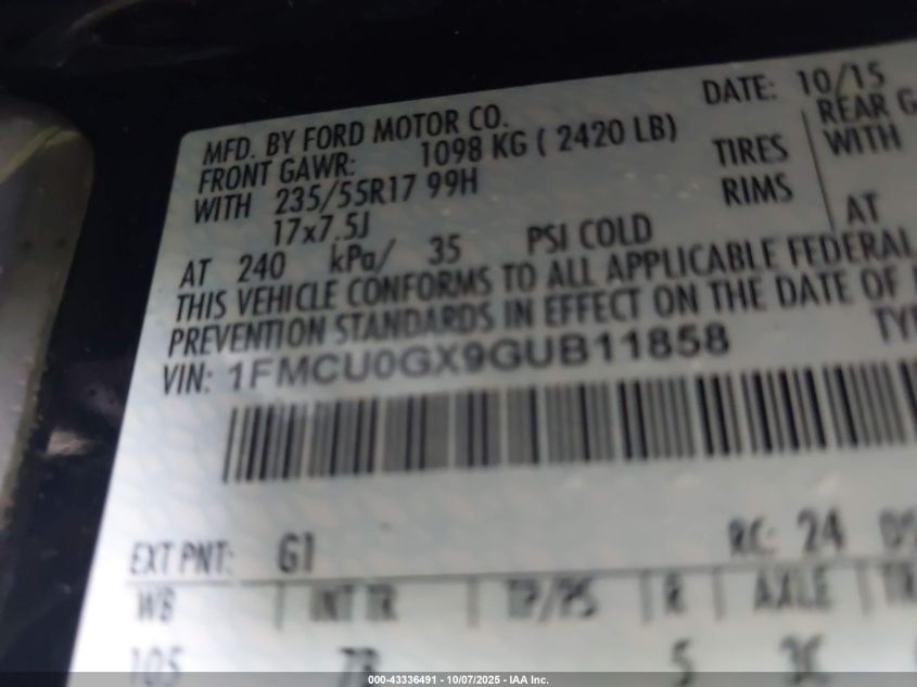 2016 Ford Escape Se VIN: 1FMCU0GX9GUB11858 Lot: 43336491