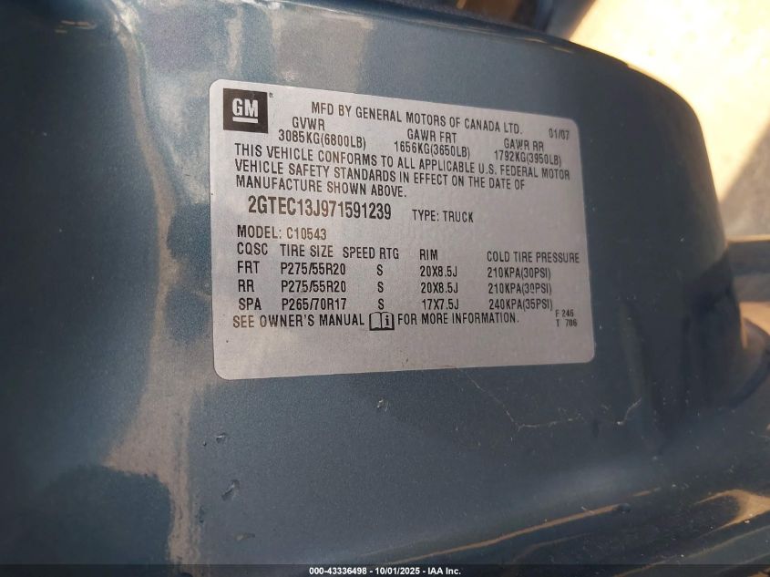 2007 GMC Sierra 1500 Sle2 VIN: 2GTEC13J971591239 Lot: 43336498