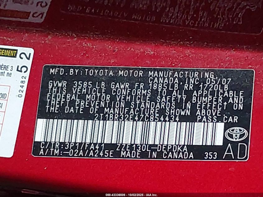 2007 Toyota Corolla Ce VIN: 2T1BR32E47C854434 Lot: 43336506