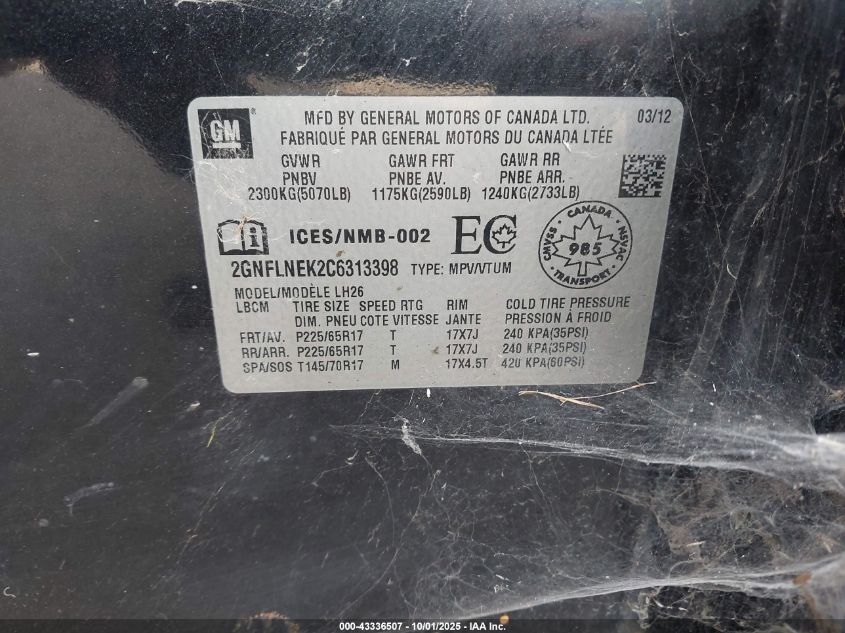 2012 Chevrolet Equinox 2Lt VIN: 2GNFLNEK2C6313398 Lot: 43336507