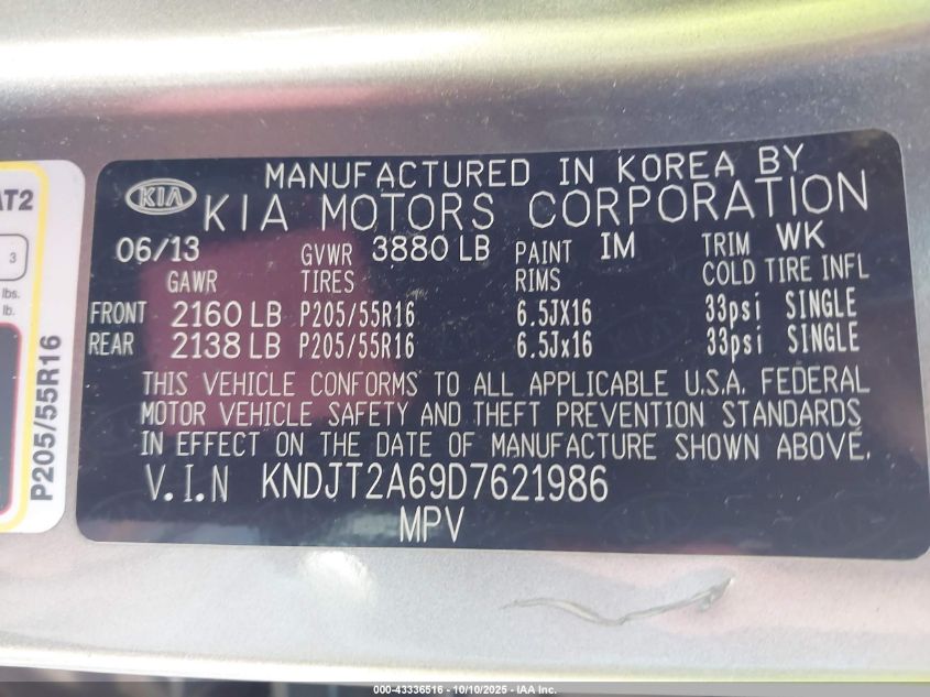 2013 Kia Soul + VIN: KNDJT2A69D7621986 Lot: 43336516