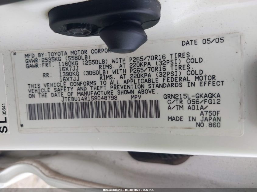 2005 Toyota 4Runner Sr5 V6 VIN: JTEBU14R158048798 Lot: 43336518