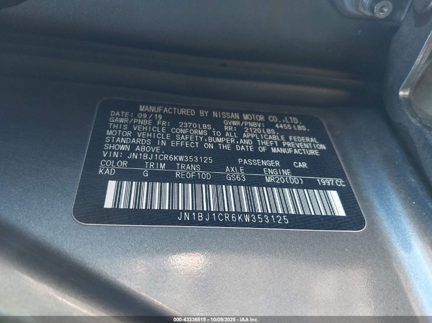 2019 Nissan Rogue Sport Sv VIN: JN1BJ1CR6KW353125 Lot: 43336519