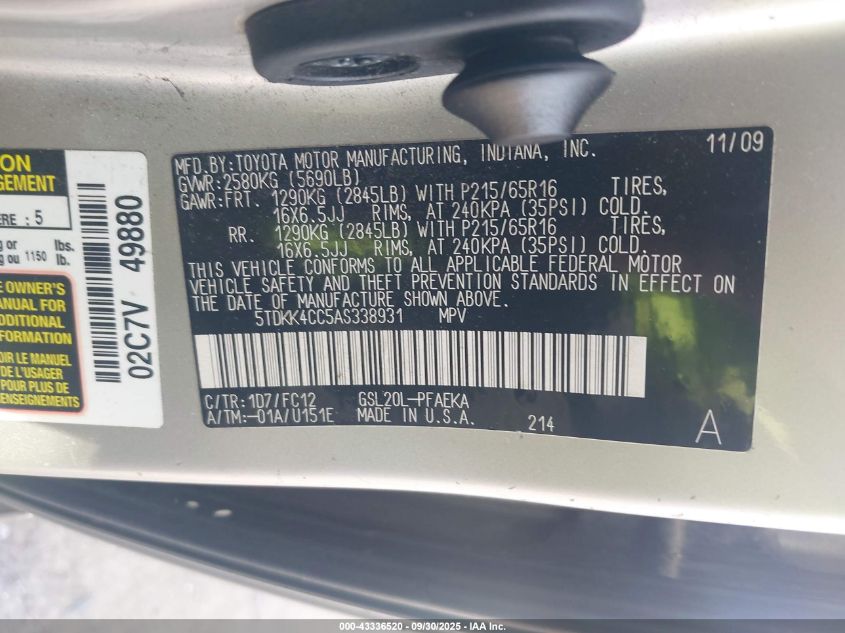 2010 Toyota Sienna Le VIN: 5TDKK4CC5AS338931 Lot: 43336520