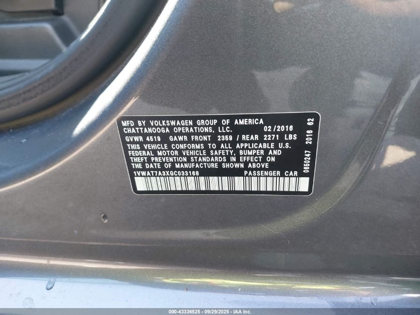 2016 Volkswagen Passat 1.8T R-Line VIN: 1VWAT7A3XGC033168 Lot: 43336525