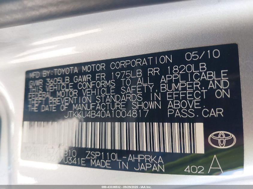 2010 Scion Xd VIN: JTKKU4B40A1004817 Lot: 43336532