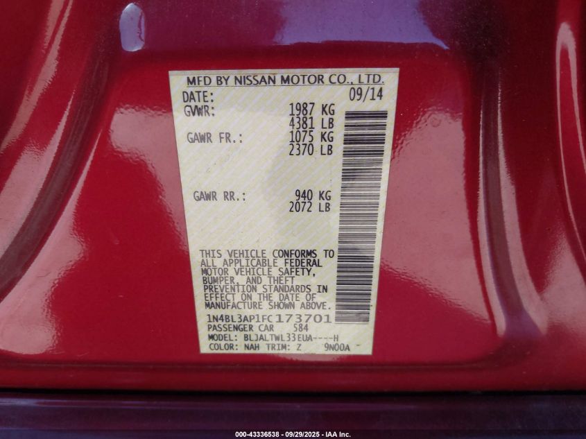 2015 Nissan Altima 3.5 Sl VIN: 1N4BL3AP1FC173701 Lot: 43336538