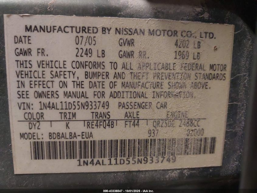 2005 Nissan Altima 2.5 S VIN: 1N4AL11D55N933749 Lot: 43336547