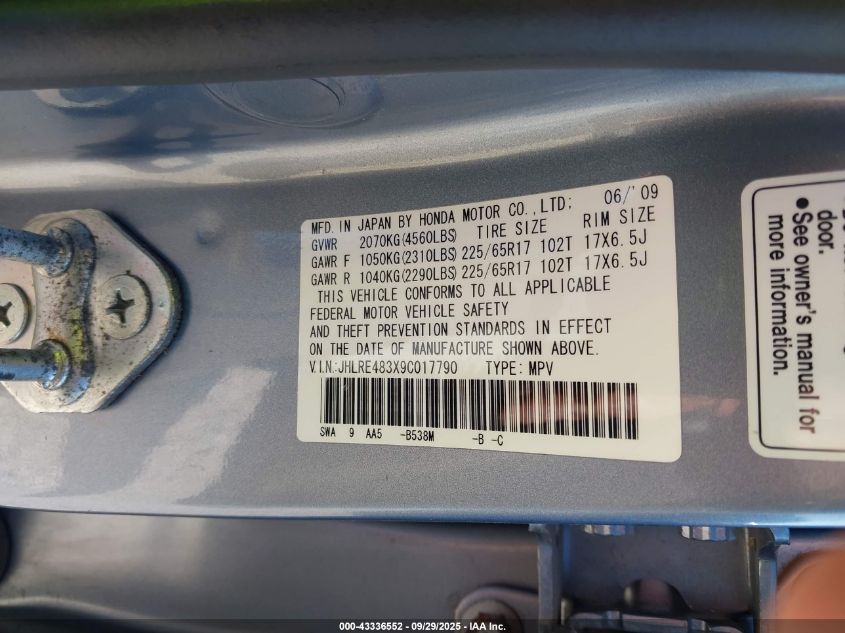 2009 Honda Cr-V Lx VIN: JHLRE483X9C017790 Lot: 43336552