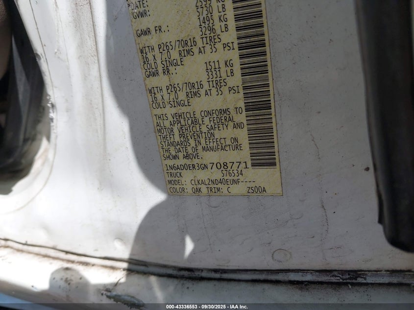 2016 Nissan Frontier Sv VIN: 1N6AD0ER3GN708771 Lot: 43336553