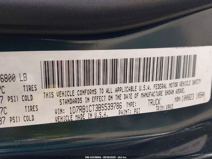 2011 Ram Ram 1500 Slt VIN: 1D7RB1CT3BS539786 Lot: 43336564