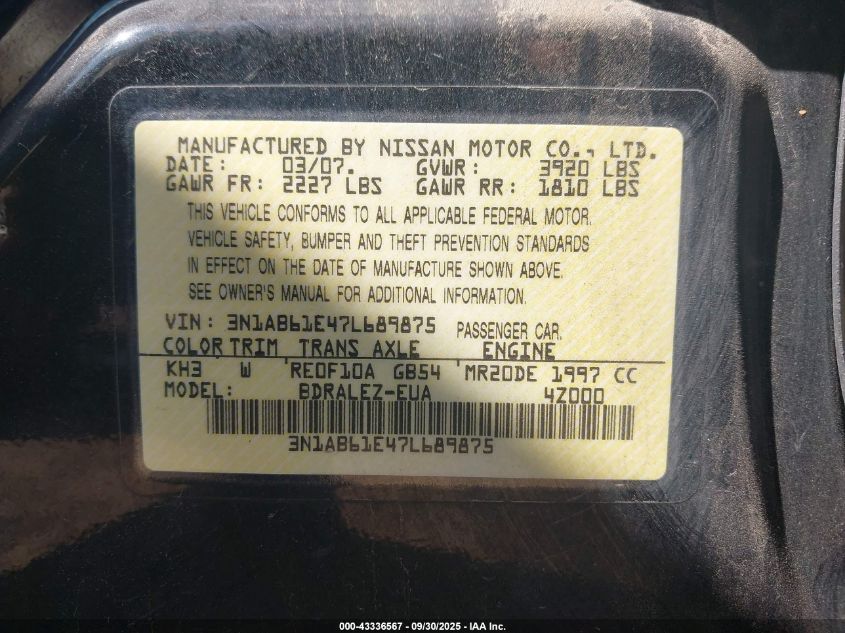 2007 Nissan Sentra 2.0S VIN: 3N1AB61E47L689875 Lot: 43336567