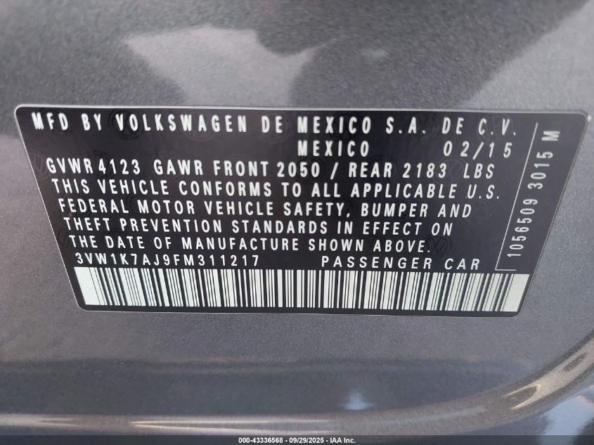 2015 Volkswagen Jetta 2.0L S VIN: 3VW1K7AJ9FM311217 Lot: 43336568