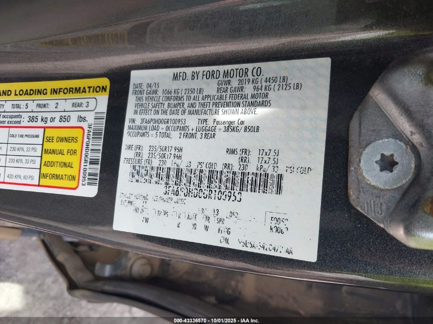 2016 Ford Fusion VIN: 3FA6T0HD0GR100953 Lot: 43336570